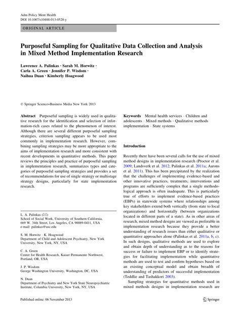 Purposeful sampling for qualitative data collection and .